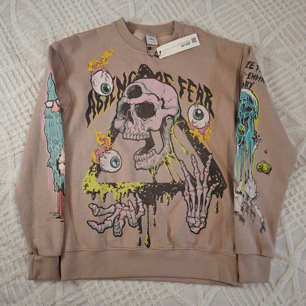 Zara Sweatshirt Mens Small 3 Eyed Skull Long Sleeve Tan Abandon Fear Skull NWT